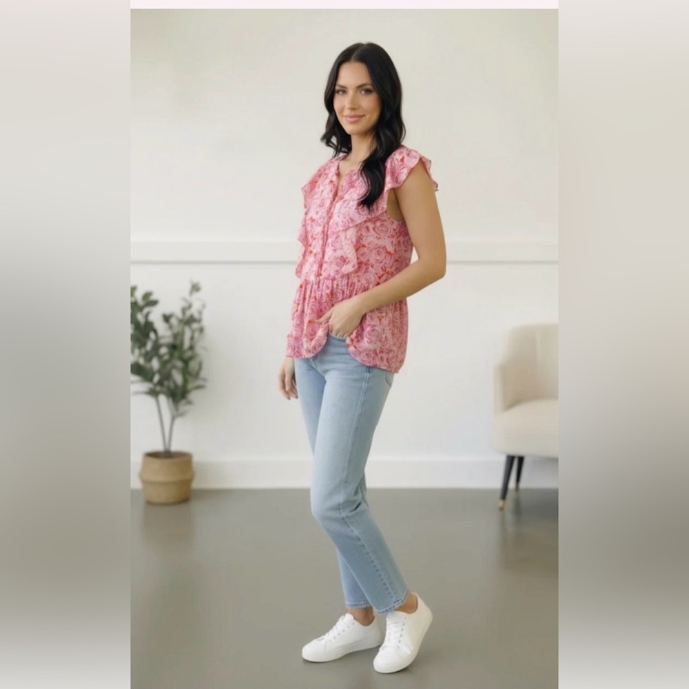 Emily Wonder Pink Floral Ruffle Cap Sleeve Blouse